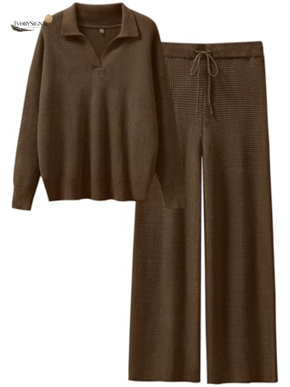 Waffle Knit Sweater Lounge Set - Matching Wide Leg Pants 2 Piece Fall Outfit